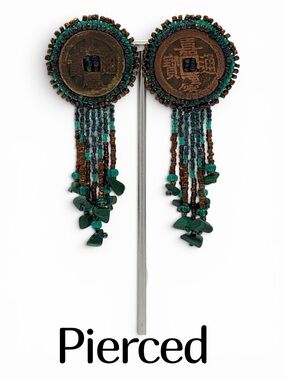 Artesian Antique Asian Coin Bohemian Teal, Copper & Emerald Green Beads Earrings